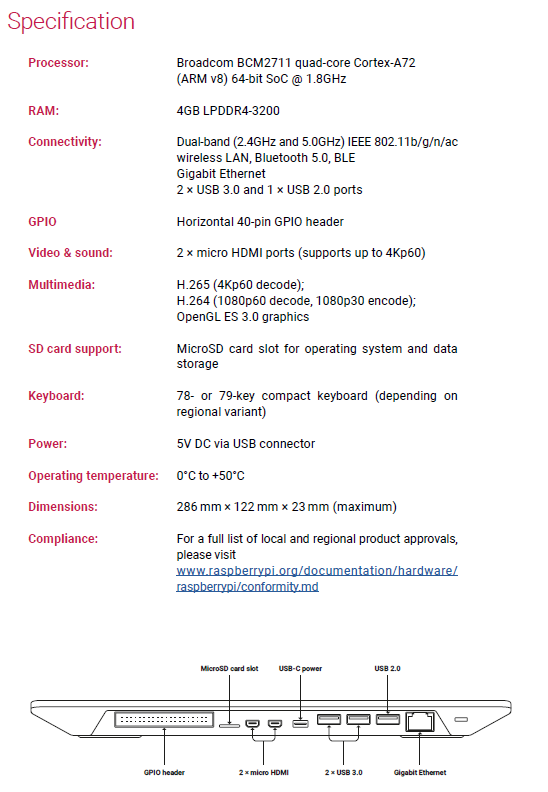Raspberry Pi 400 Specifications